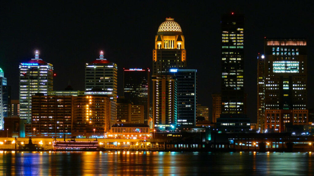 Stunning Louisville Skyline Night View: Mercer Skyscraper Wallpaper