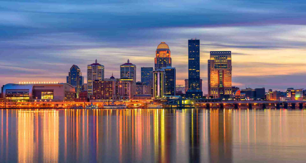 Twilight Louisville Skyline Wallpaper: Vibrant Lights Reflection