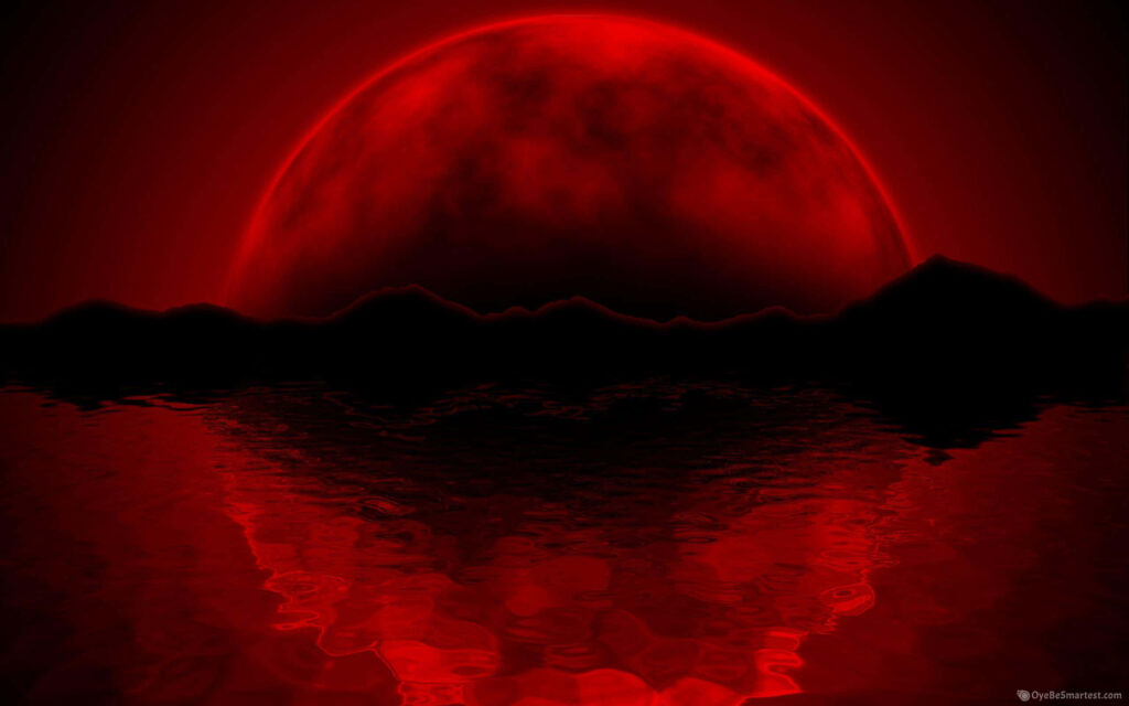 Lunar Eclipse Wallpaper: Red Hues, Mountains & Serene Water Reflection