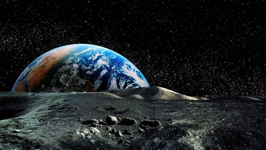 Stunning CGI space wallpaper with cratered lunar surface and rising Earth against starry sky