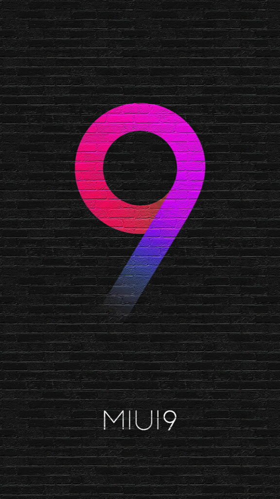 MIUI 9 HD wallpaper vibrant pink purple gradient number 9 on dark textured brick wall background