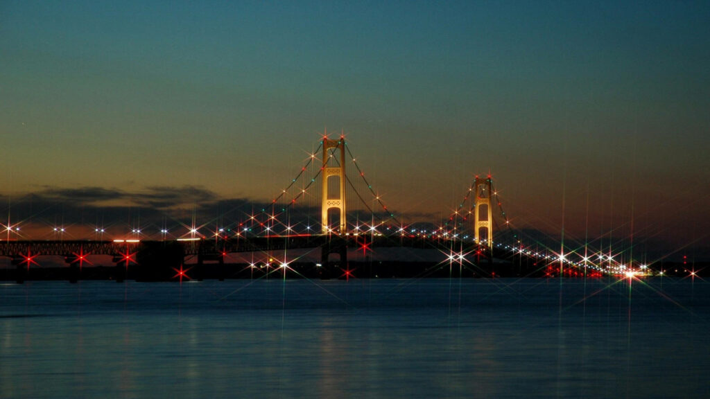Majestic Mackinac Bridge Dusk Wallpaper: Illuminated Serenity