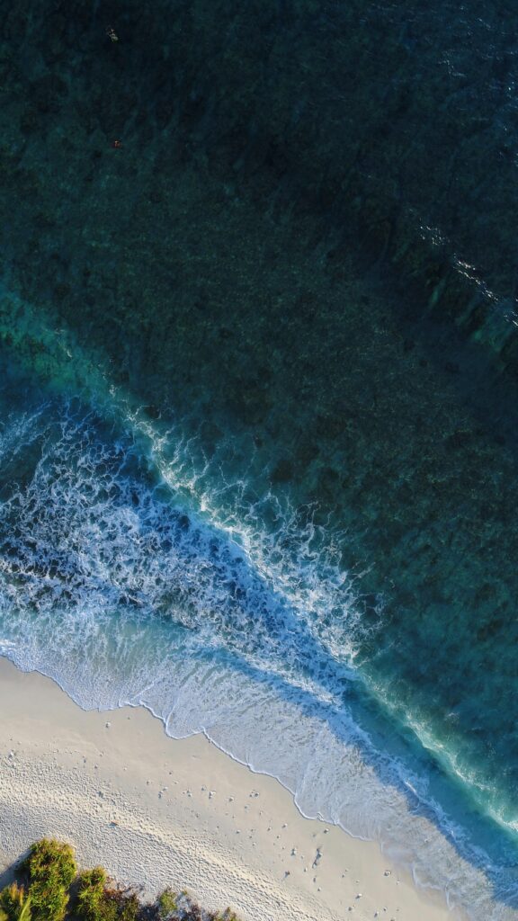 Aerial view of Maldives turquoise ocean waves pristine beach and lush green shoreline wallpaper