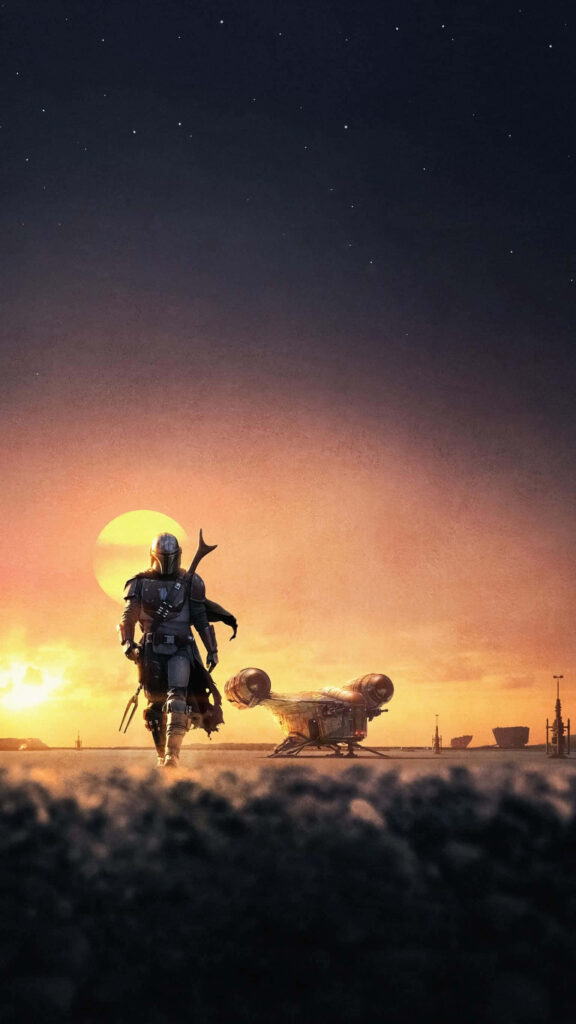 “Stunning Mandalorian & Razor Crest Wallpaper: Desert Sunset Background”