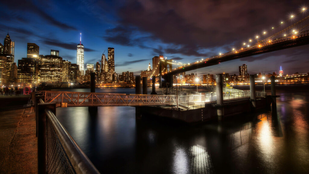 Stunning Manhattan Bridge Night View Wallpaper with City Skyline