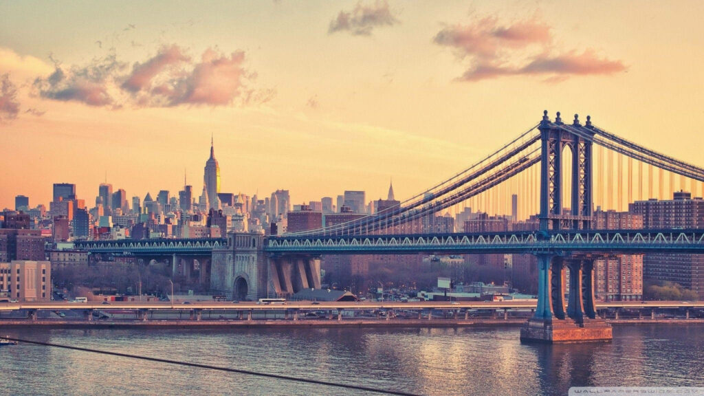 Manhattan Bridge Sunset: NYC Skyline Wallpaper Background