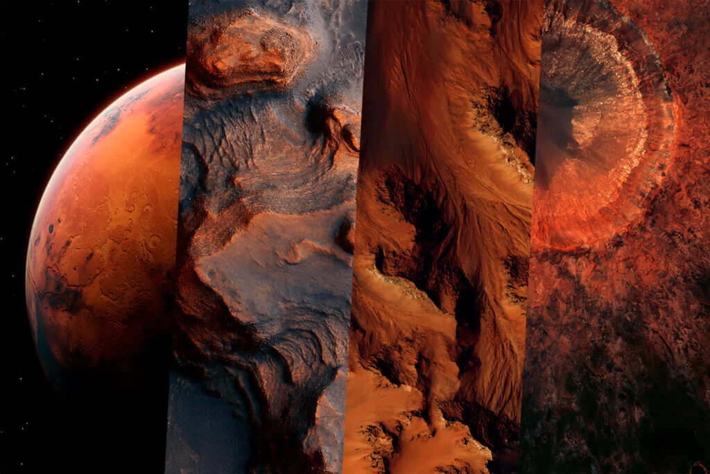 Stunning Mars Collage: Vivid Red Hues & Intricate Landscapes Wallpaper