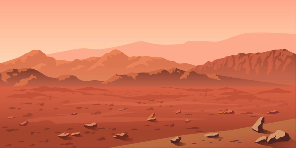 Stunning Martian Surface Illustration: Red Terrain & Warm Sky Wallpaper