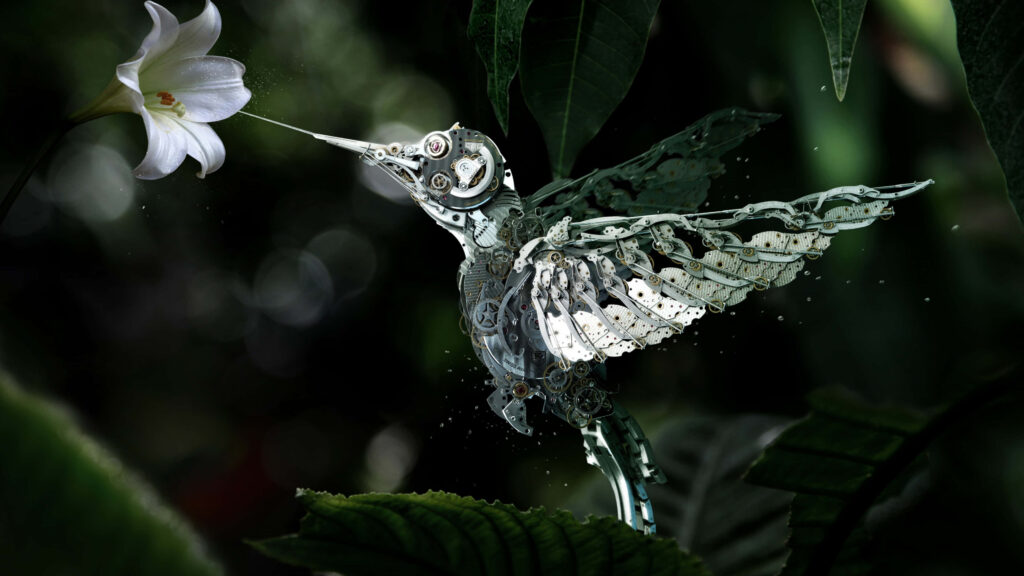 Mechanical Hummingbird in Flight - Futuristic Nature Wallpaper