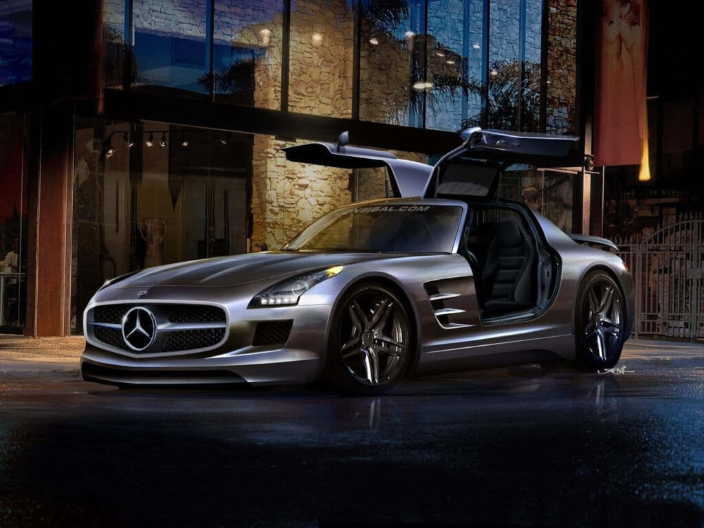 Elegant Mercedes-Benz SLS AMG Wallpaper with Gullwing Doors