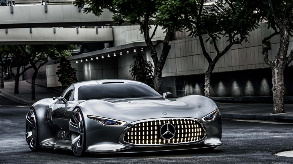 Sleek Mercedes concept car parked near trees futuristic design vibrant 4k wallpaper background