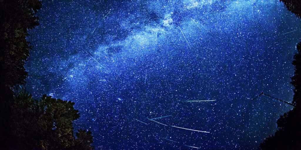 Mesmerizing Meteor Shower Wallpaper with Starry Night and Trees