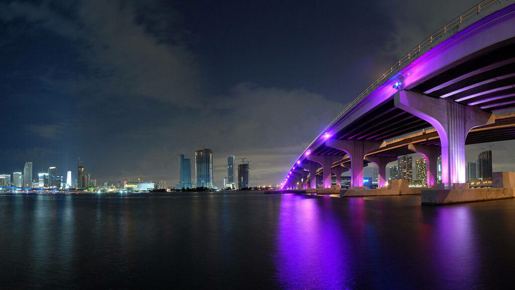 Stunning Miami Night View: City Lights & Bridge Reflection Wallpaper