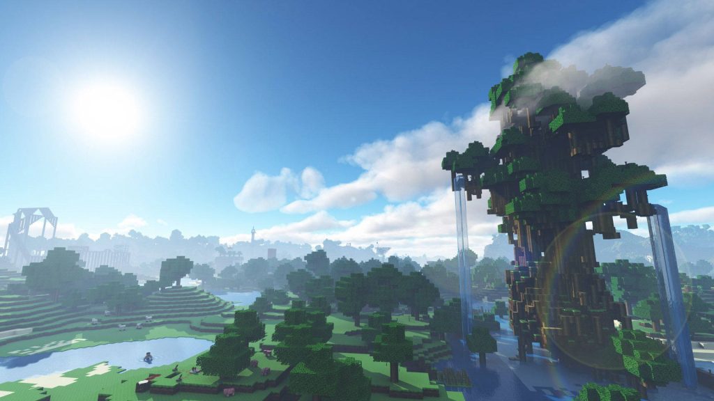 Minecraft custom tree with waterfalls in lush forest vibrant sunlit shader landscape wallpaper background