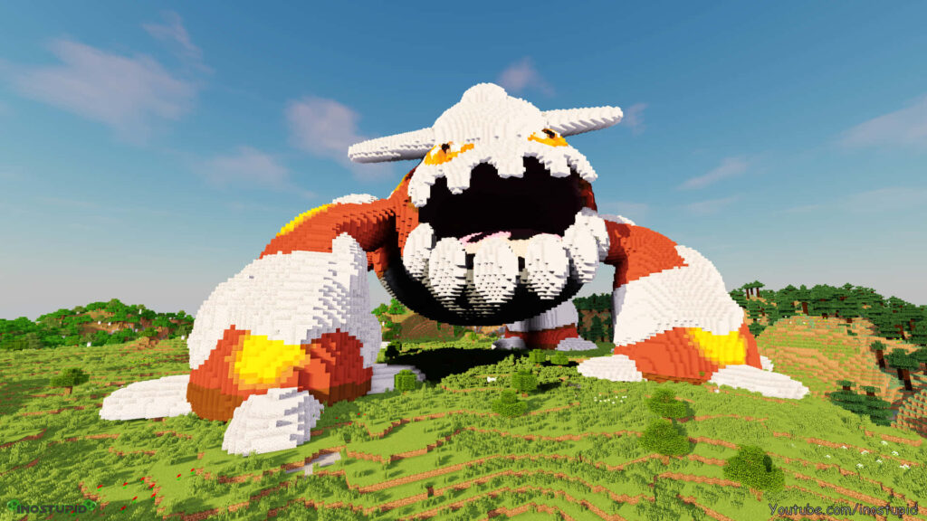 Intricate Minecraft Heatran Wallpaper Against Blue Sky Landscape