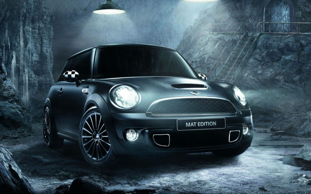 Stunning Mini Cooper Wallpaper: Matte Black in Dramatic Cave Setting
