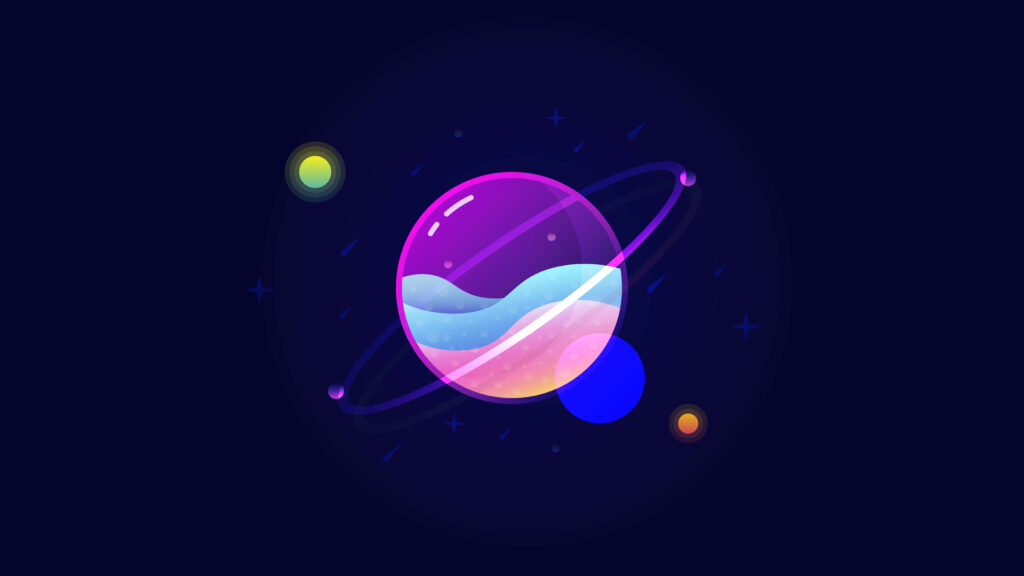 Minimalist Neon Planet Wallpaper: Vibrant Space with Fluid Patterns