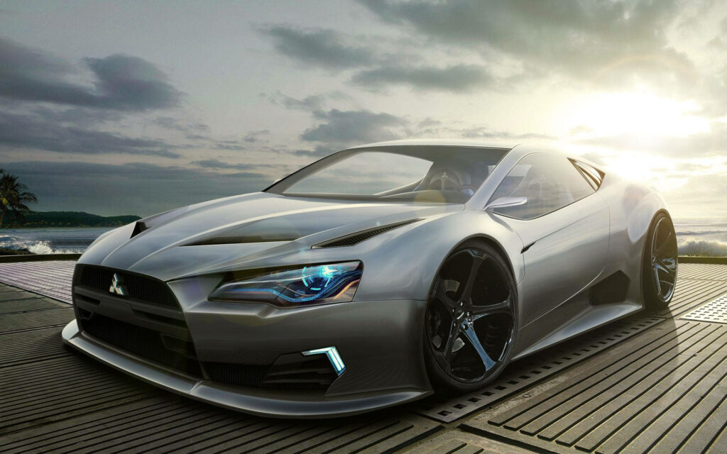 Futuristic Mitsubishi Eclipse Wallpaper: Sleek Silver Design at Sunset
