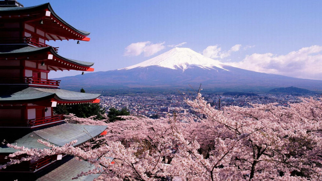 Stunning Mount Fuji and Chureito Pagoda with Cherry Blossoms Wallpaper