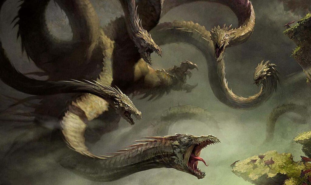 Captivating Mythical Creature Wallpaper: Serpent Heads in Fantasy Landscape