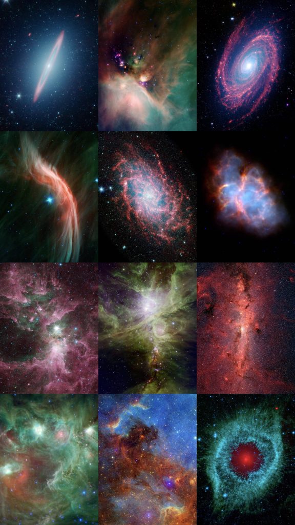 NASA deep space wallpaper collage with Helix and Pinwheel galaxies for iPhone background