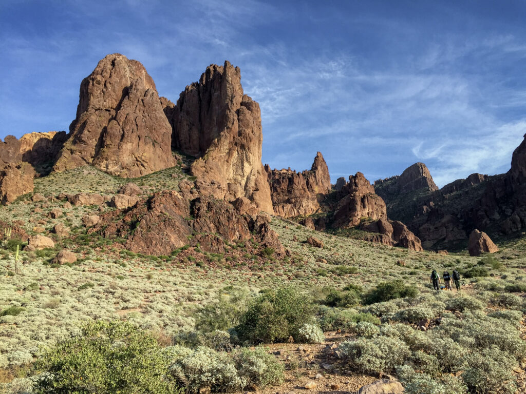 Stunning natural canyon landscape with towering rocks and desert vegetation under blue sky Wallpaper