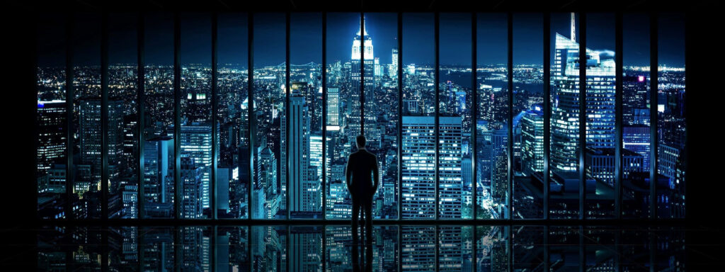 Nighttime Cityscape Wallpaper: Person by Glass Windows Overlooking Skyline