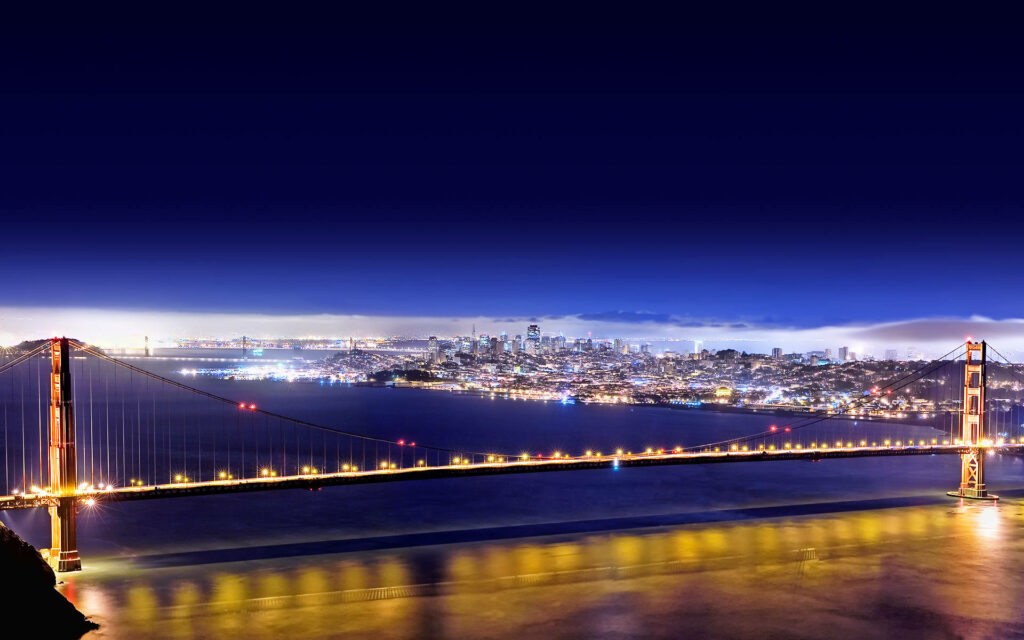 Stunning Golden Gate Bridge Night Wallpaper with City Reflection