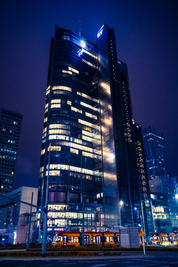 Stunning Night Skyscraper Wallpaper: Modern Glass Architecture