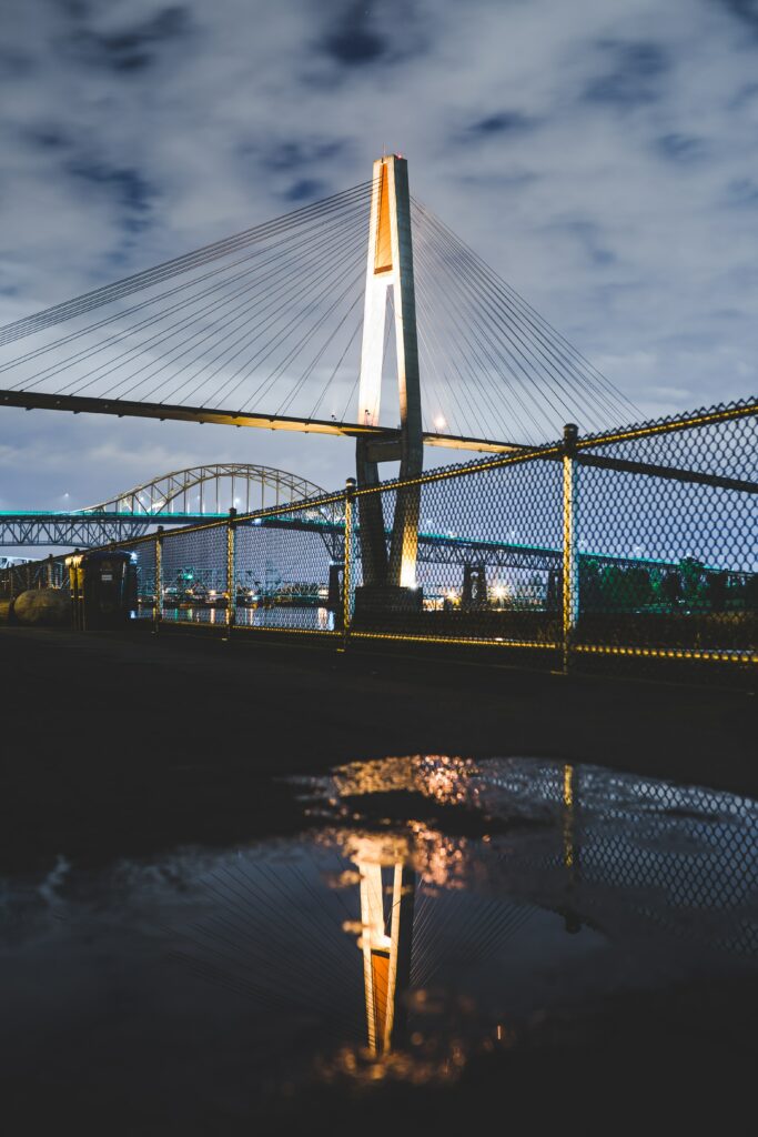 Stunning Nighttime Cityscape with Illuminated Bridge - Wallpaper