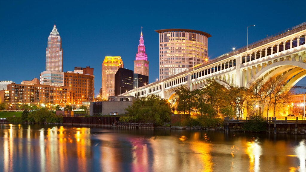 Stunning Cleveland Bridge at Night: Illuminated Skyline Wallpaper