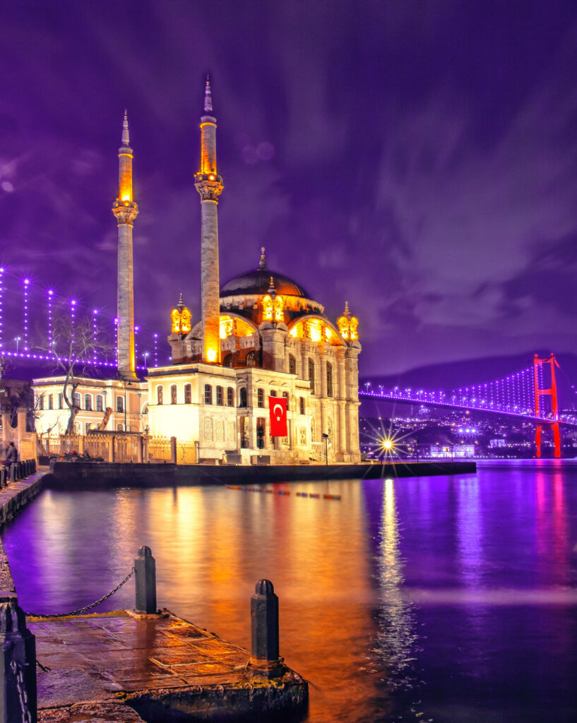 Nighttime Istanbul Mosque: Illuminated Reflections & Glowing Bridge Wallpaper