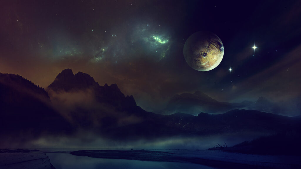 Serene Nighttime Wallpaper: Glowing Planet and Misty Mountains