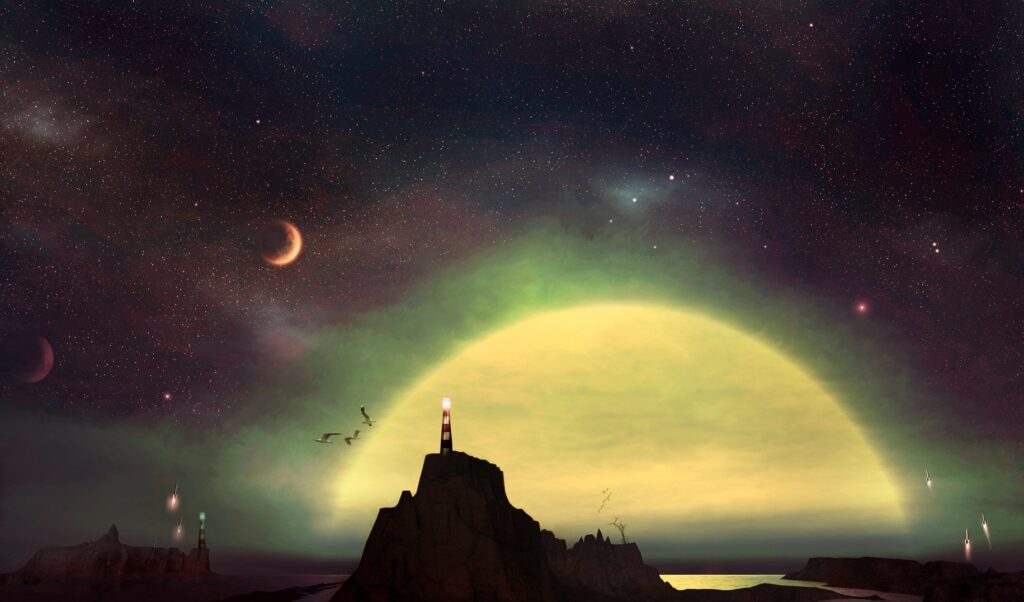 Artistic Nighttime Wallpaper: Luminous Sky & Serene Mountain Landscape