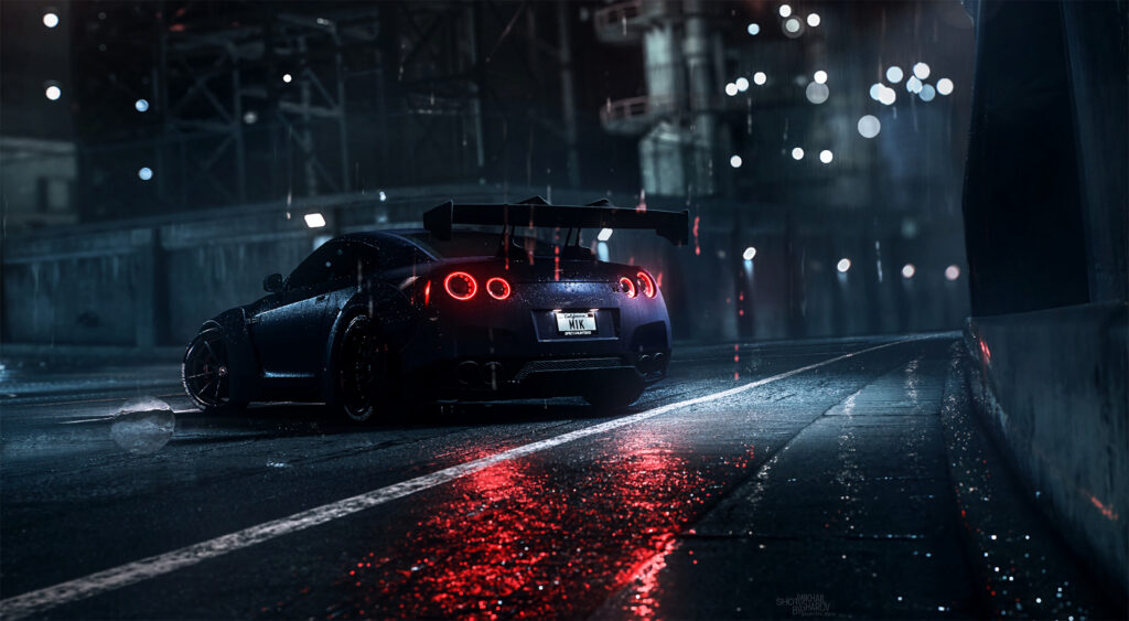 Nissan GT-R Night Drive Wallpaper: Sleek Supercar on Wet Asphalt
