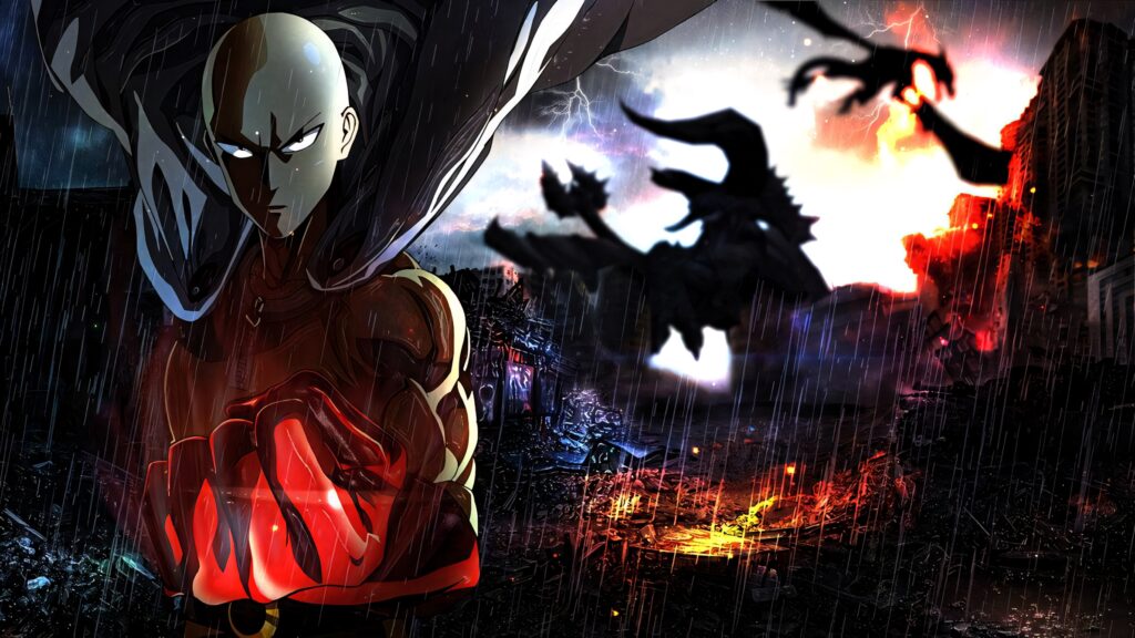 Epic One Punch Man Wallpaper: Saitama's Intense Battlefield Scene