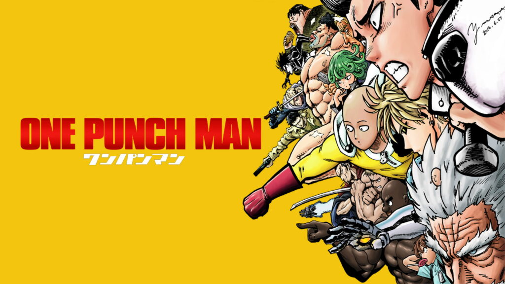 Dynamic One-Punch Man Characters in Action Pose on Yellow Background Wallpaper