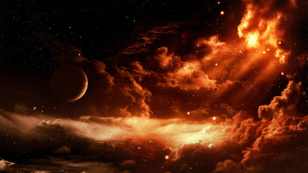 Stunning Orange & Black Cosmic Wallpaper with Glowing Cloud & Stars