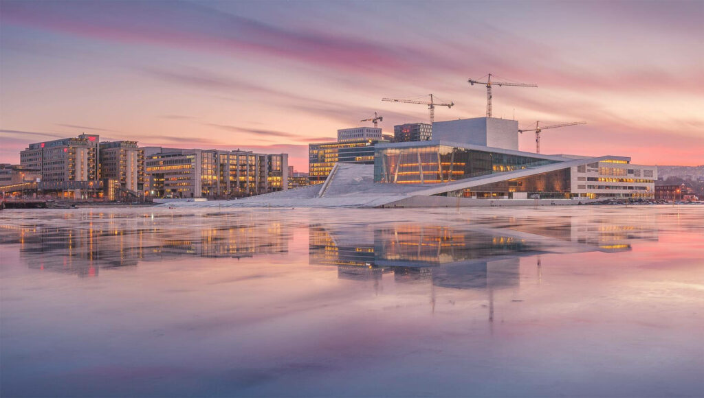 Oslo Opera House at Sunset: Serene Urban Landscape Wallpaper