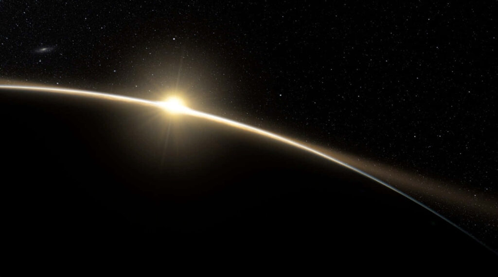 Stunning outer space wallpaper: glowing sunrise over a planet's curved horizon, surrounded by stars.