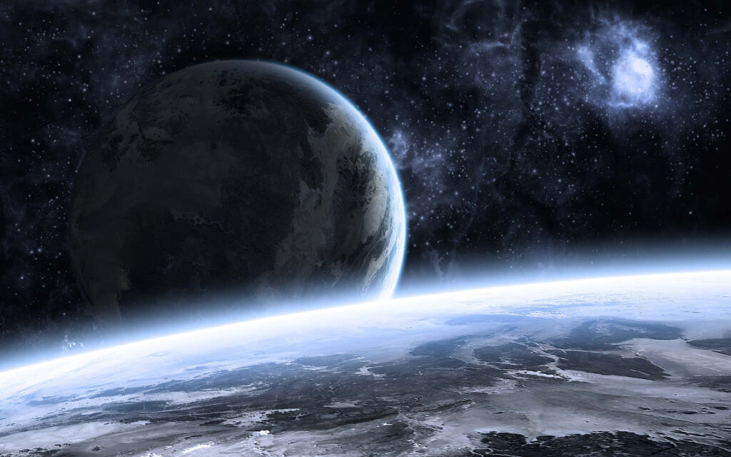 Stunning outer space scene: shadowed planet and glowing celestial body over icy horizon Wallpaper