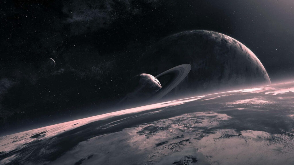 Stunning outer space wallpaper with a glowing planet and celestial bodies in a cosmic scene.