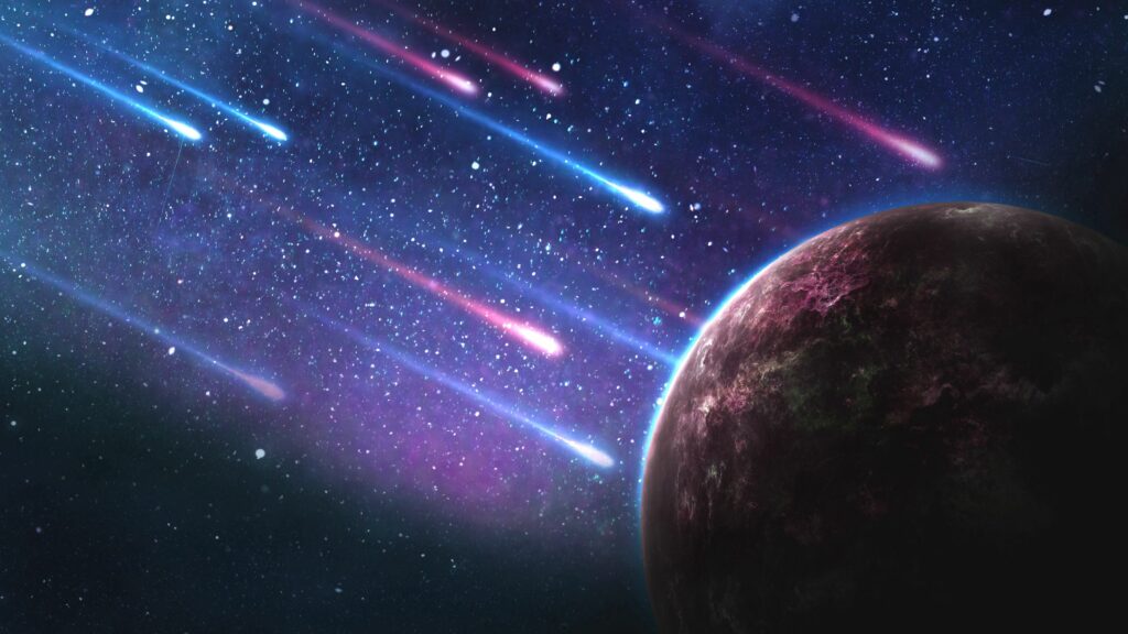 Stunning Outer Space Wallpaper: Mysterious Planet & Vibrant Meteorites