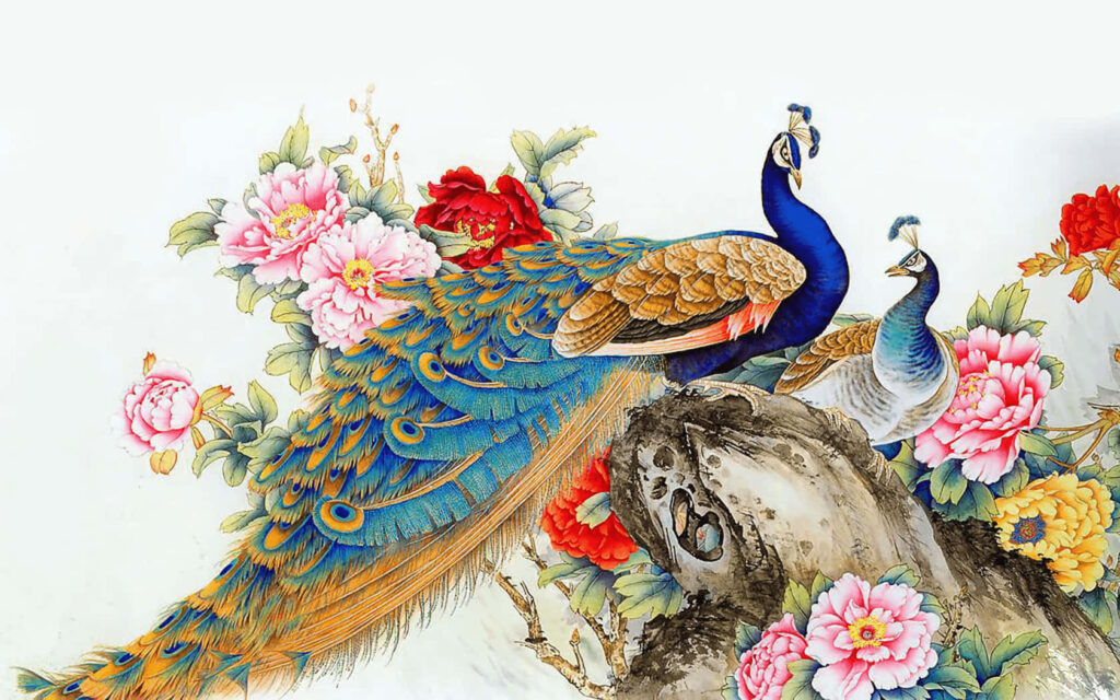 Elegant Peacocks with Colorful Tails Among Lush Peonies Wallpaper