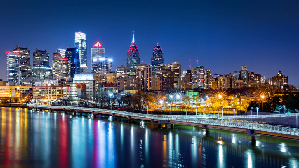 Philadelphia Skyline Night Wallpaper: Illuminated City Reflections