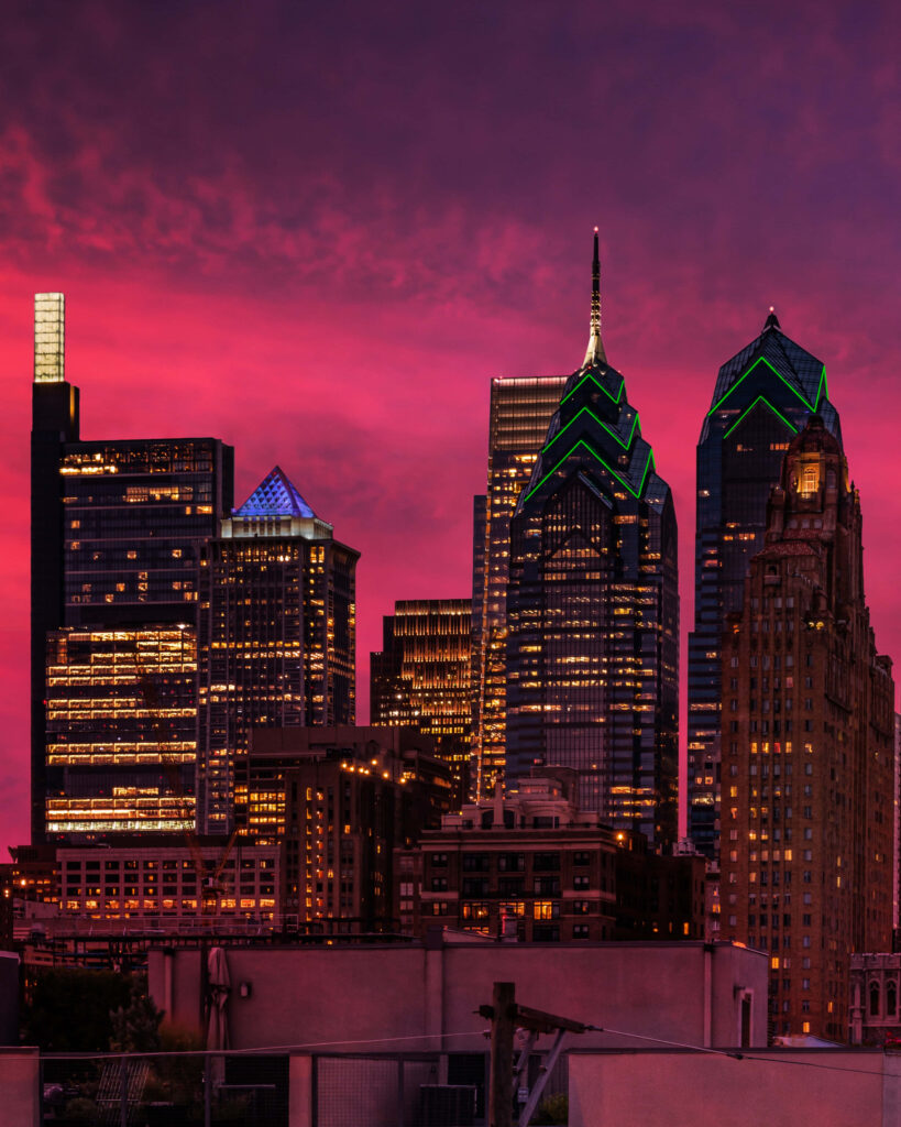 Stunning Philadelphia Skyline Wallpaper at Dusk – Pink Sky Background