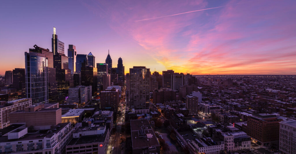 Vibrant Philadelphia Skyline Sunset Wallpaper Background