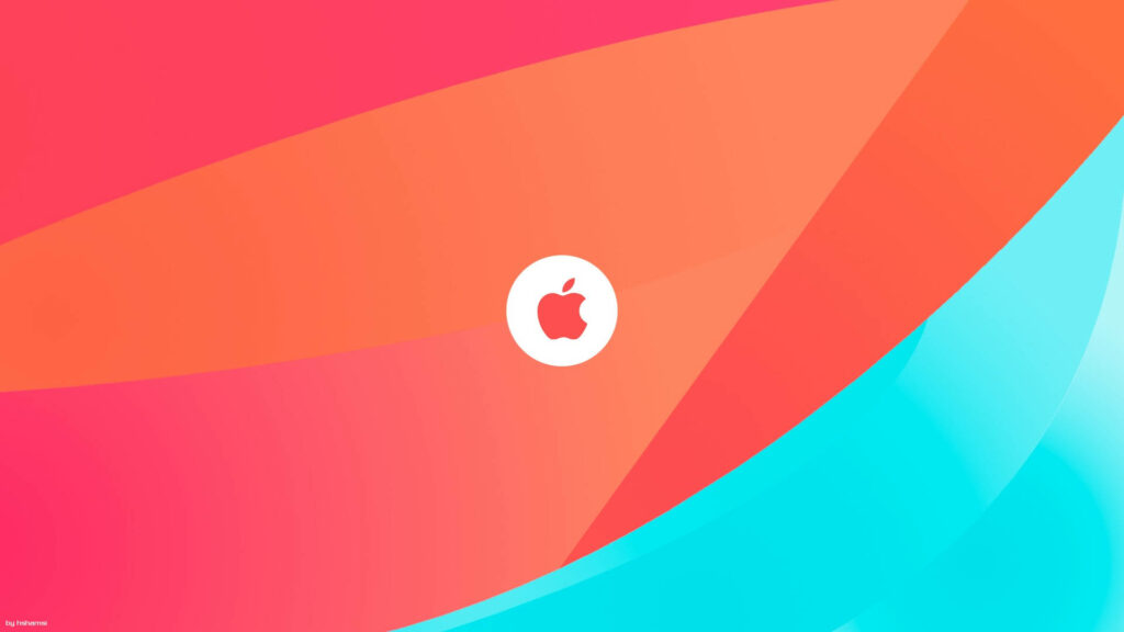 Vibrant Apple wallpaper with centered white logo on abstract pink coral and cyan gradient background