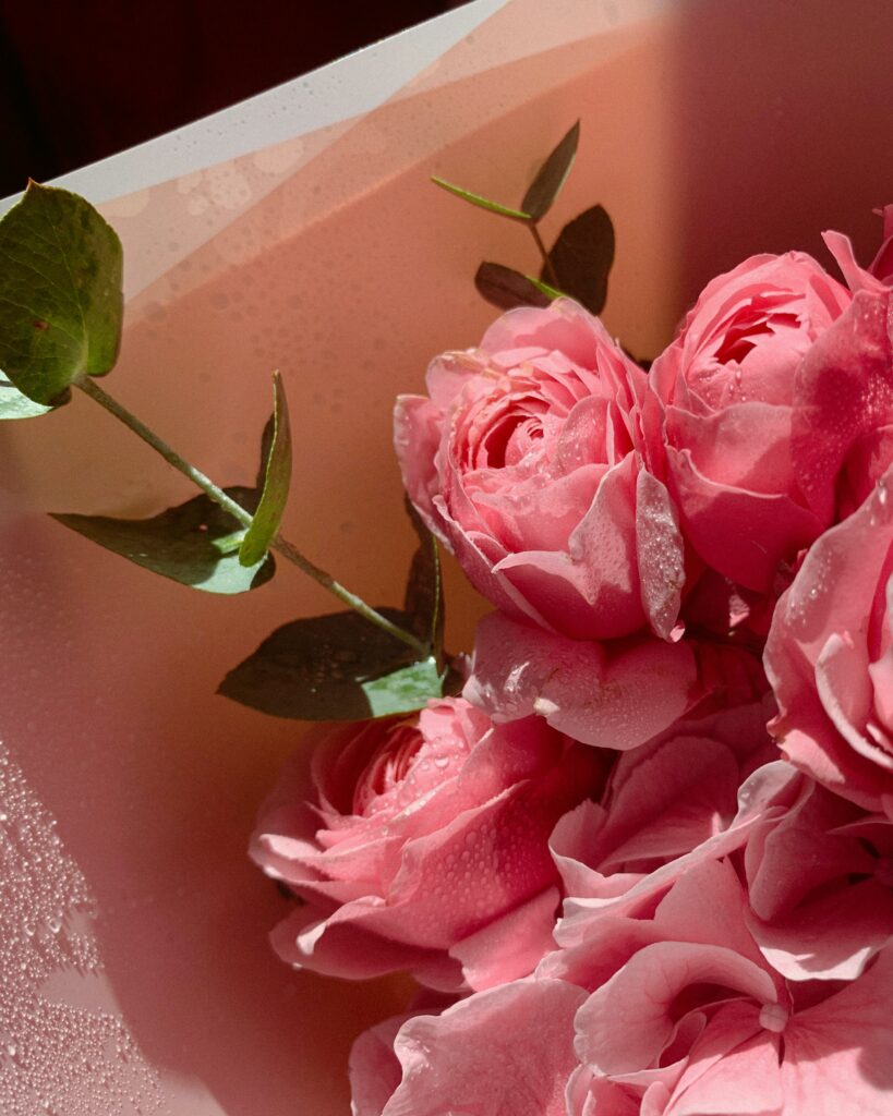 Elegant Pink Rose Bouquet Wallpaper with Delicate Petals & Green Leaves