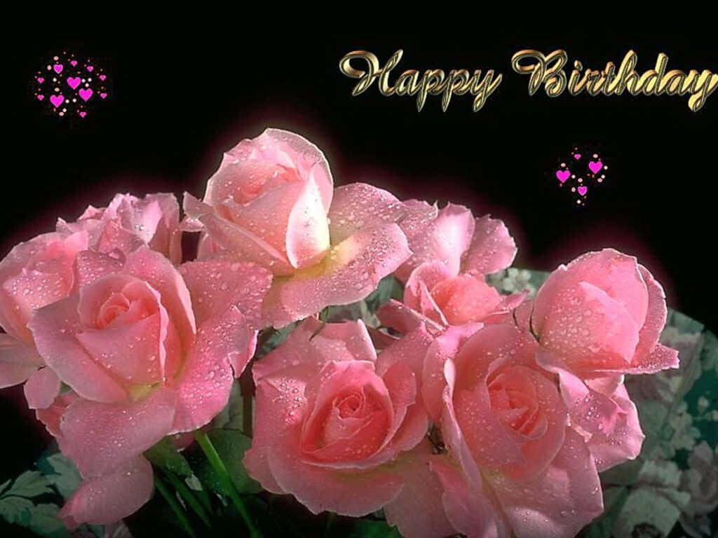 Pink Roses & Gold Happy Birthday Wallpaper with Heart Decor